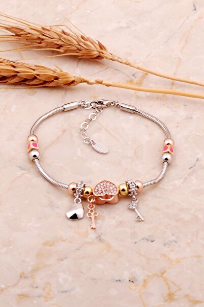 Sümer Telkari Kalp Tasarım Rodyumlu Mineli Gümüş Şans Bileklik 4522