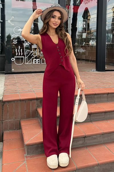 GÜLSELİ Burgundy Knitwear Vest and Trousers Set