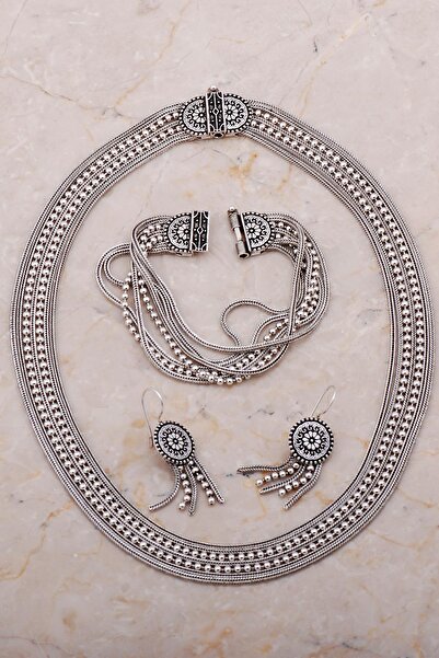 Sümer Telkari Midyat Hasırı Tasarım Elişi Oksitli Gümüş Set 2668