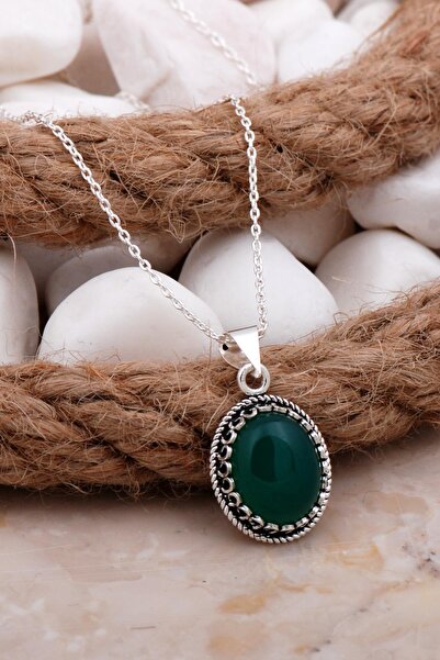 Sümer Telkari Yeşil Akik Telkari Işlemeli Gümüş Kolye 7808