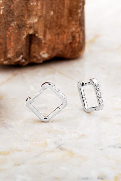 Sümer Telkari 12 Mm Taşlı Rodyumlu Gümüş Kare Küpe 6970