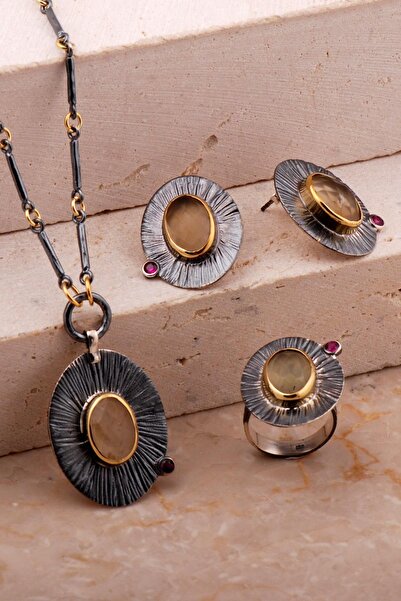 Sümer Telkari Sitrin Taşlı Çekiç Dövme Elişi Tasarım Gümüş Set 2784