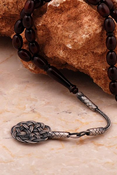 Sümer Telkari Master Vernier and Fire Amber Kazaziye Embroidered Silver Rosary - 354