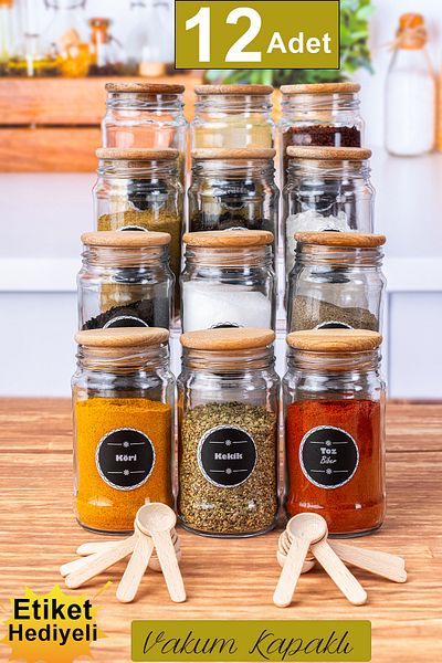 MİA HOME 12 Pieces Wooden Spoon Wooden Lid Glass Spice Rack Set 320 Cc-12 Pieces Wooden Lid Spice Set