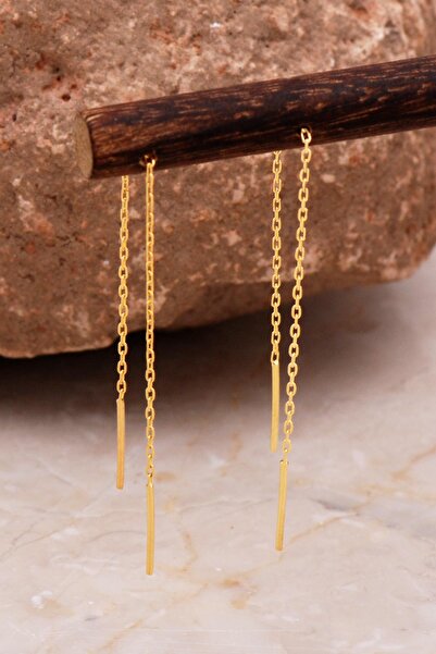 Sümer Telkari Altın Kaplama Çubuk Zincir Küpe 6090