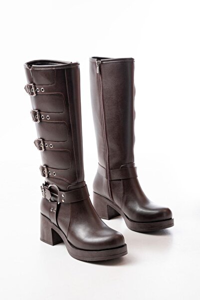 Aymood 5109-3015 Коричневі жіночі черевики на підборах із застібкою-блискавкою та аксесуарами