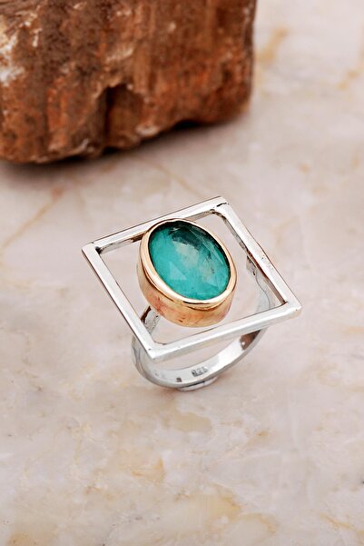 Sümer Telkari Yeşil Paraiba Taşlı Tasarım Kare Gümüş Yüzük 5859