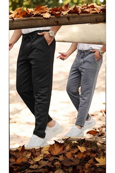 ÇEÇEN HOME Ανδρικό παντελόνι Jogger King Pique - Διπλό πόδι, ζώνη, 2 τμχ (Μαύρο-Γκρι)