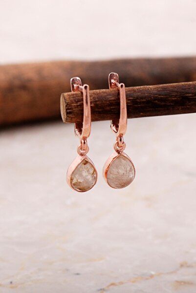 Sümer Telkari Doğal Sarı Rutil Kuvars Taşlı Damla Mini Rose Gümüş Küpe 5860