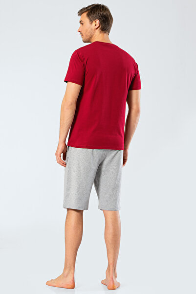 Cacharel 2199 Men's Printed V-Neck Bermuda Shorts Pajama Set - Claret Red