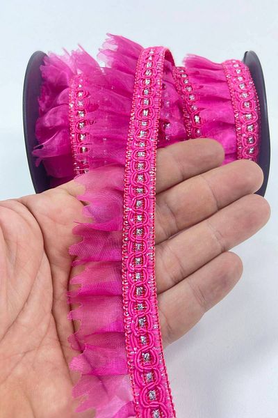 Hobigram Φούξια Ασημί Glittery Edge Ruffle Edge Υλικό Διακοσμητικό Πλάτος 3 cm Μήκος 1 μέτρο – Διακοσμητική κορδέλα