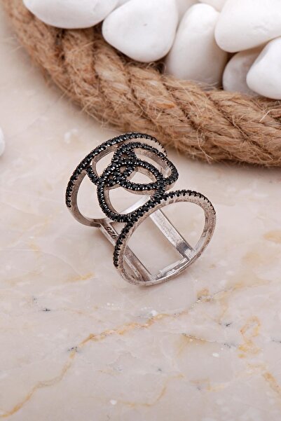 Sümer Telkari Tasarım Siyah Taşlı Rodyumlu Uzun Gümüş Yüzük 3595