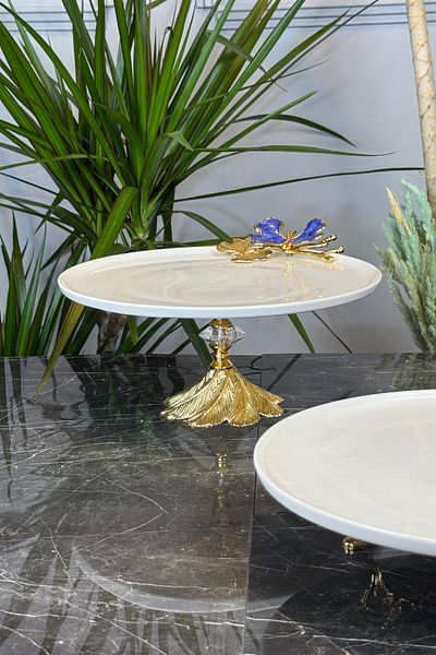 MAY HOME طبق بورسلين بقاعدة زرقاء على شكل زهرة الفراشة
