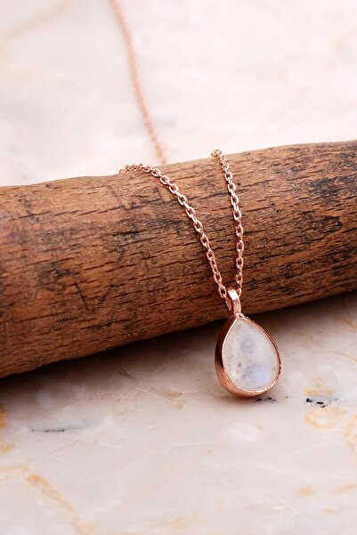 Sümer Telkari Doğal Ay Taşlı Damla Mini Rose Gümüş Kolye 7761