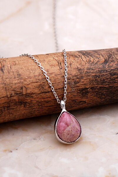 Sümer Telkari Doğal Rodonit Taşlı Damla Mini Rodyumlu Gümüş Kolye 7733