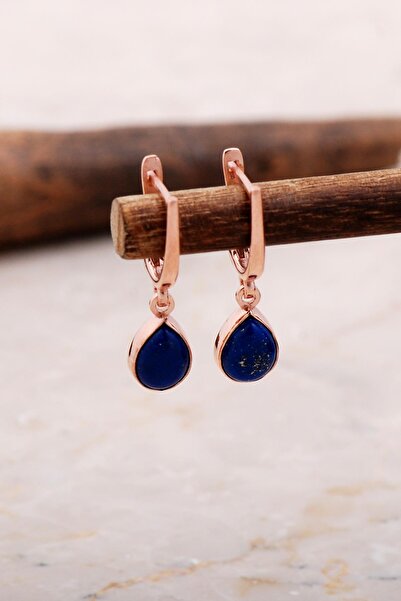 Sümer Telkari Doğal Lapis Lazuli Taşlı Damla Mini Rose Gümüş Küpe 5869