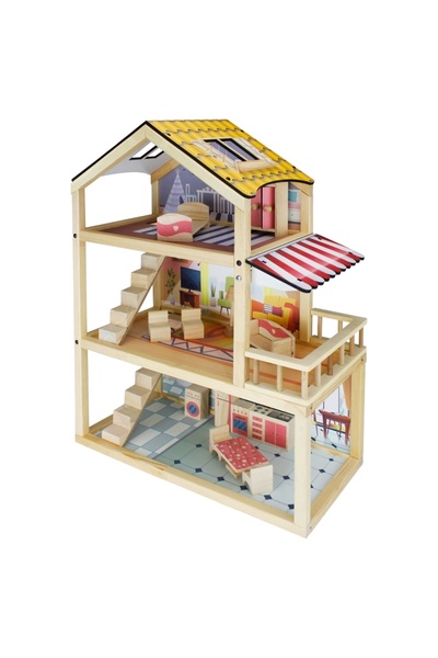 Doğan Oyuncak Dünyası Doğal Ahşap Oyun Evi - Ahşap Tatil Evi - Merdivenli Oyu...