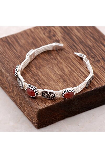Sümer Telkari Akik Taşlı Midyat Hasırı El Yapımı Gümüş Bileklik 2373