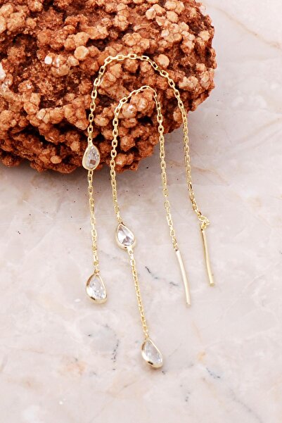 Sümer Telkari Damla Taşlı Altın Yaldızlı Gümüş Zincir Küpe 5210