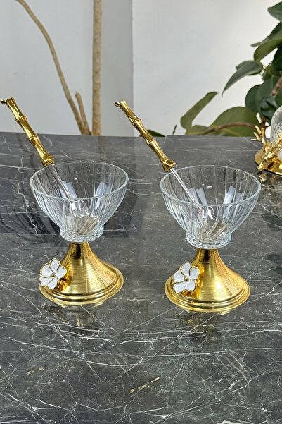 MAY HOME Lüks Metal Ayaklı Kaşıklı Cam Tatlı Kasesi & İkramlık & Sunumluk Kase