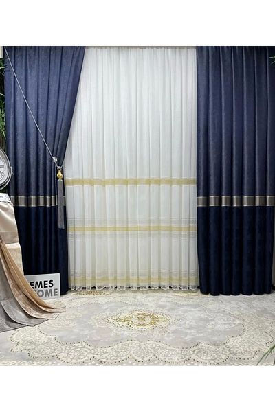 NİVEMESHOME Nivemeshome Inci V-515 Dark Blue Background Curtain 1/3 Close Pleated Curtain Apm