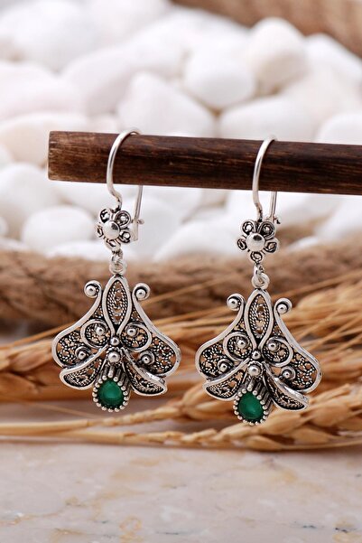 Sümer Telkari Kök Zümrüt Taşlı Telkari Elişi Gümüş Küpe 5772