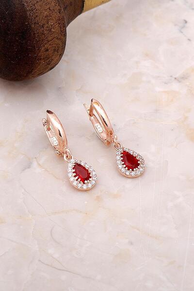 Sümer Telkari Yakut Damla Rose Gümüş Küpe 4960