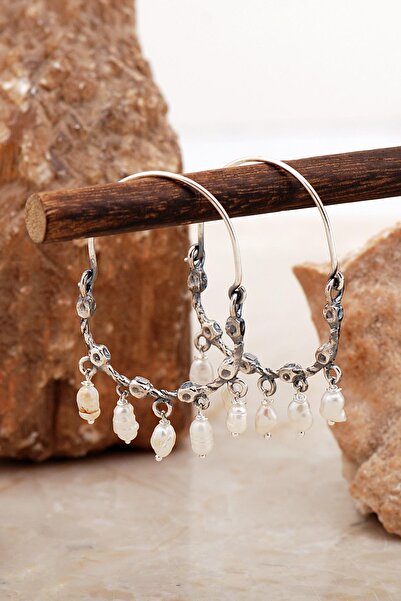 Sümer Telkari Tasarım Sallantılı İncili Gümüş Küpe 6996