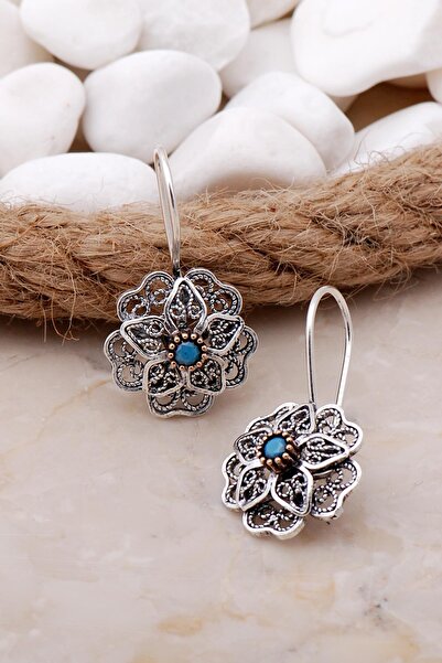 Sümer Telkari Turkuaz Taşlı Telkari Elişi Gümüş Çiçek Küpe 5786