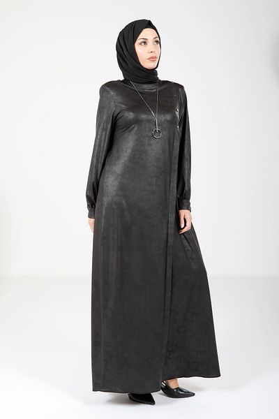 Beyza Μαύρο δερμάτινο μακρύ φόρεμα - 9083
