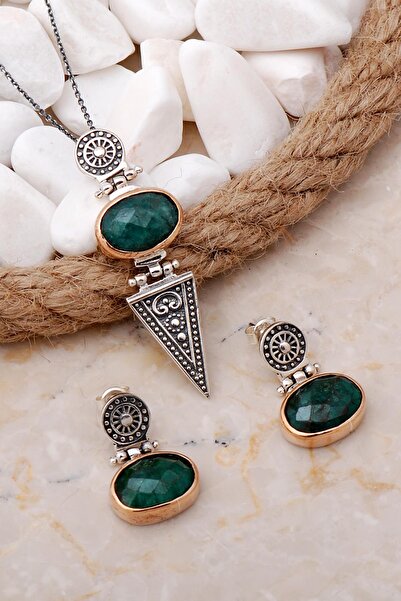 Sümer Telkari Kök Zümrüt Antik Tasarım Elişi Gümüş Set 2101