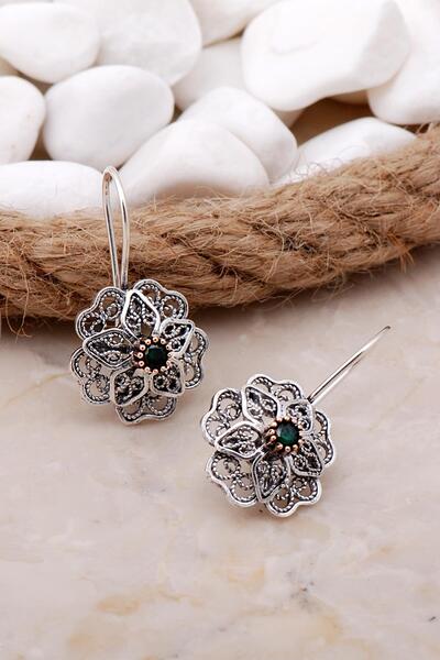 Sümer Telkari Zümrüt Taşlı Telkari Elişi Gümüş Çiçek Küpe 5786