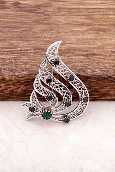 Sümer Telkari Kök Zümrüt Taşlı Elişi Telkari Gümüş Broş 284