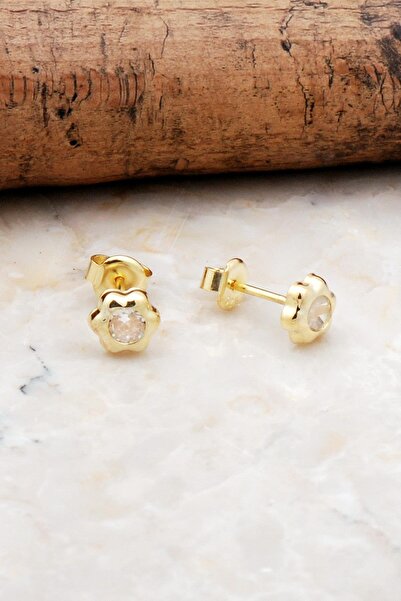 Sümer Telkari Altın Yaldızlı Papatya Tek Taş Gümüş Küpe 5312