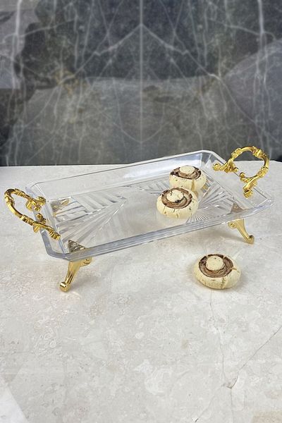 MAY HOME Luxury Gold Handled Glass Serving Tray & Madlen Glass Serving Plate Engagement Tray