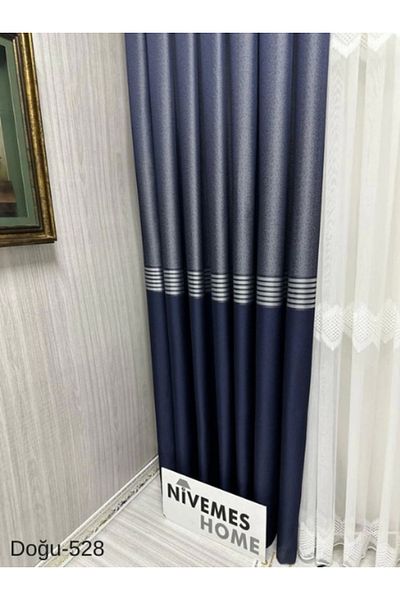 NİVEMESHOME Nivemeshome Eastern Navy Blue - Gold Ft671536 V-528 1/3 Frequent Pleated Background Curtain Apm