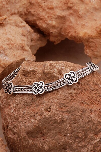 Sümer Telkari Anadolu Motifli Hasır Elişi Yonca Oksitli Gümüş Bileklik 4373