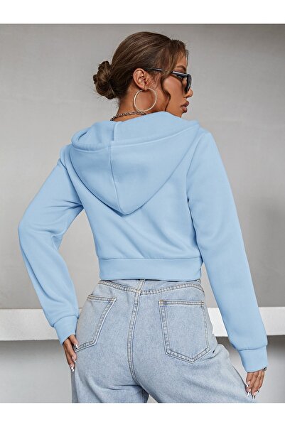 Jooy Company Kadın Bebe Mavi 3 iplik Kapüşonlu Crop Hırka Ceket