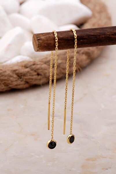 Sümer Telkari Oniks Taşlı Altın Yaldızlı Gümüş Zincir Küpe 5807