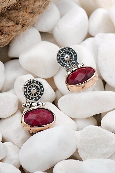 Sümer Telkari Kök Yakut Taşlı Antik Tasarım Gümüş Küpe 5768