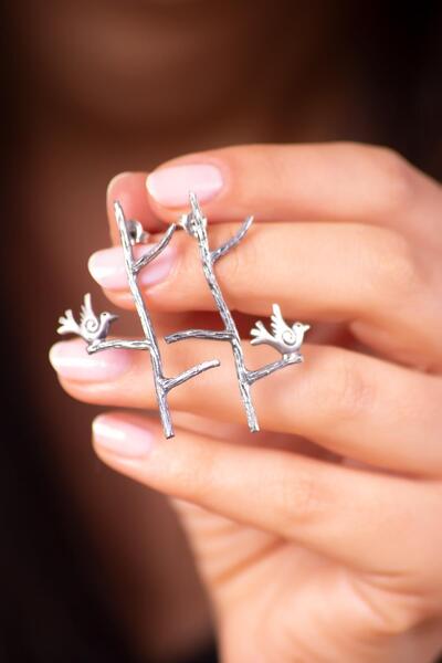 Sümer Telkari Kuşlu Doğa Temalı Tasarım Gümüş Küpe 4951