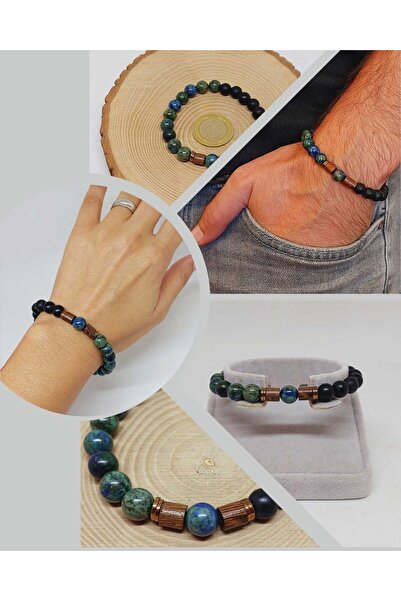 Yasamtohumu 8mm azurit i oniks unisex havajski model narukvice (3210)