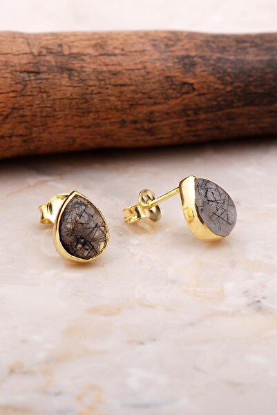 Sümer Telkari Doğal Rutil Kuvars Taşlı Damla Mini Altın Yaldızlı Gümüş Küpe 5825