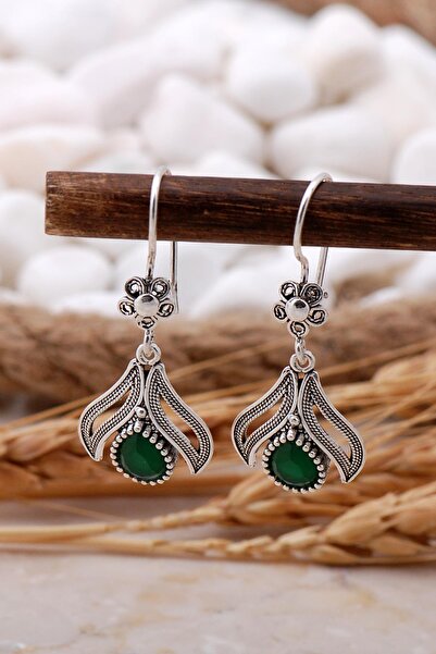 Sümer Telkari Kök Zümrüt Taşlı Yaprak Telkari Elişi Gümüş Küpe 5773