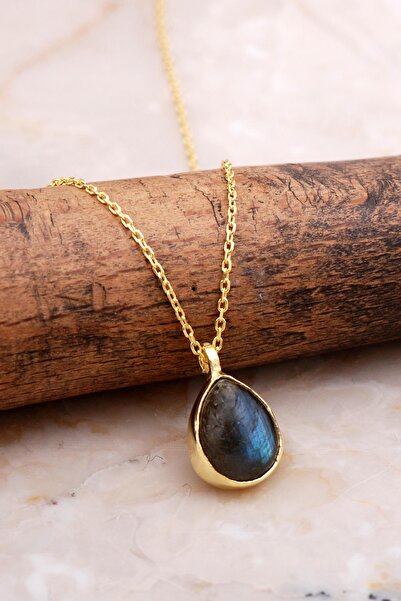 Sümer Telkari Doğal Labradorit Taşlı Damla Mini Altın Yaldızlı Gümüş Kolye 7735