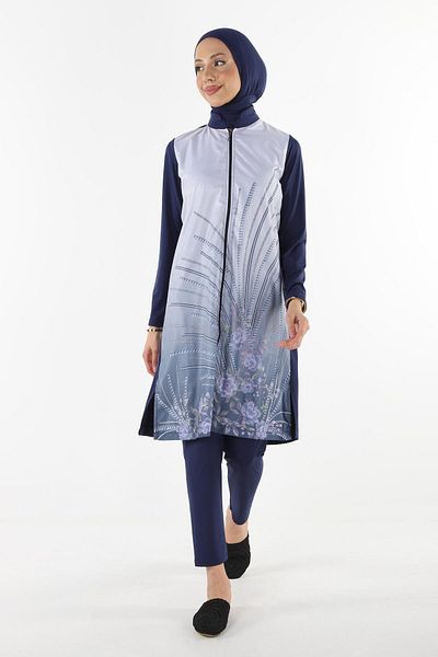 Plistre 2158_patterned Zippered Parachute Fabric Full Covered 4-Piece Hijab Swimsuit