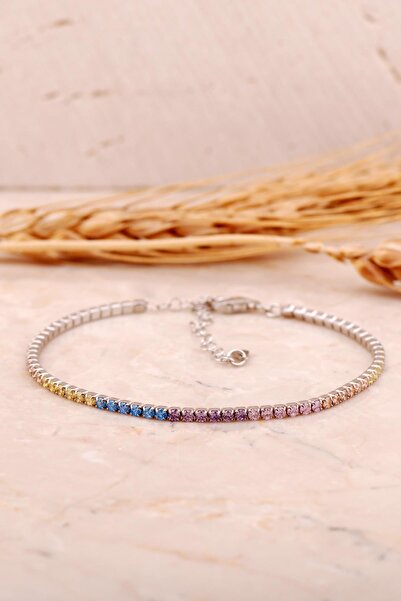 Sümer Telkari Su Yolu 2 Mm Renkli Taşlı Rodyumlu Gümüş Bileklik 4484