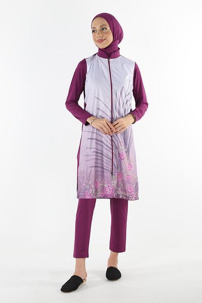 Plistre 2158_patterned Zippered Parachute Fabric Full Covered 4-Piece Hijab Swimsuit