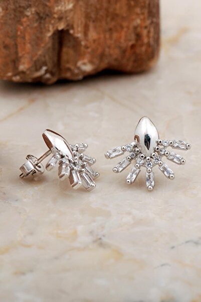 Sümer Telkari Baget Taşlı Rodyumlu Gümüş Yelpaze Küpe 6939