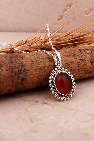 Sümer Telkari Akik Taşlı Telkari Elişi Oval Gümüş Kolye 7975